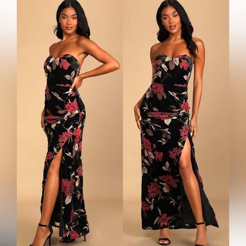 BNWT Lulus Exquisite Black Floral Burnout Velvet Strapless Maxi Dress